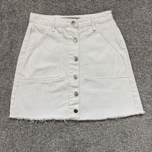 Denim Co Skirt Womens 6 White Denim A-Line Mini Button Front Pockets Raw Hem